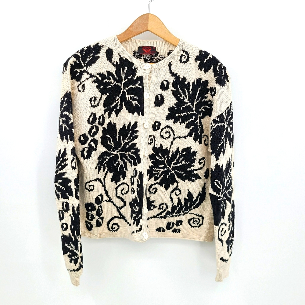 Minkha Hand Knit Black and Cream Leaf Pattern Alpaca Cardigan Sweater Size Large